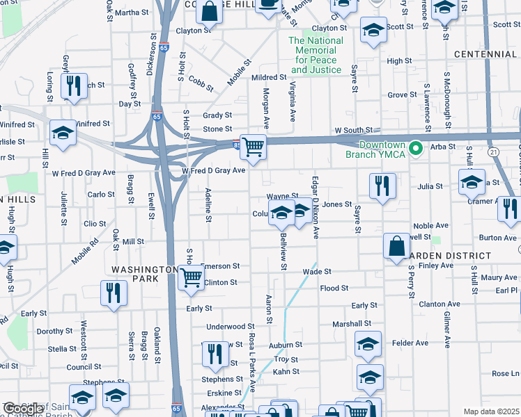 map of restaurants, bars, coffee shops, grocery stores, and more near 352 Columbia Avenue in Montgomery