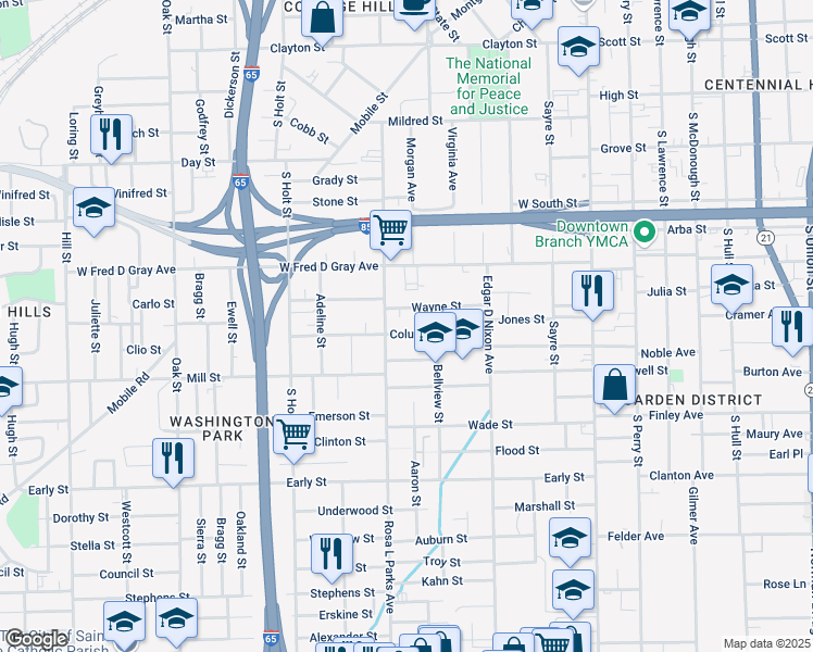 map of restaurants, bars, coffee shops, grocery stores, and more near 352 Columbia Avenue in Montgomery