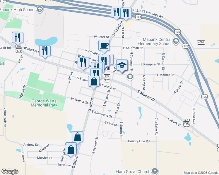 map of restaurants, bars, coffee shops, grocery stores, and more near 304 S 2nd St in Mabank