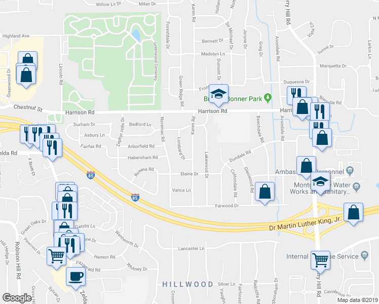 map of restaurants, bars, coffee shops, grocery stores, and more near 1146 Karen Road in Montgomery
