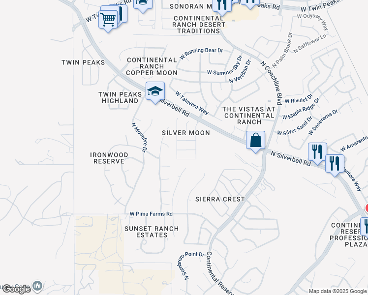 map of restaurants, bars, coffee shops, grocery stores, and more near 7754 West Rising Moon Way in Tucson