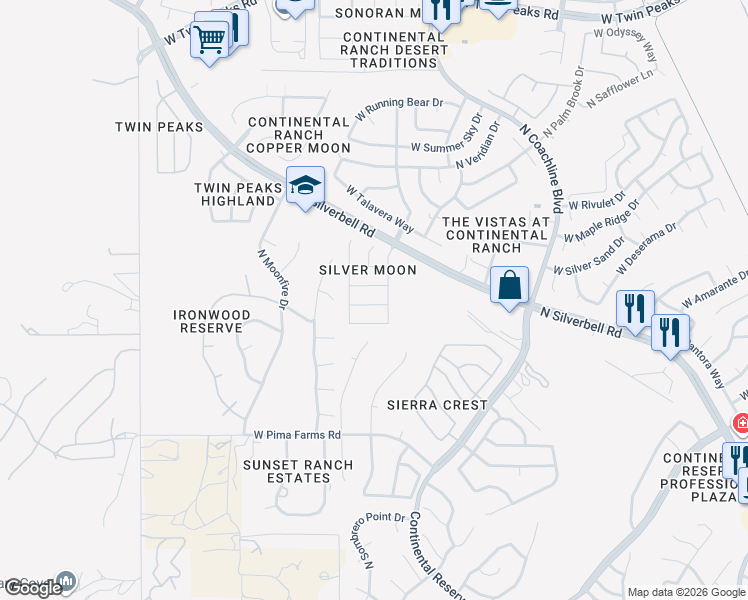 map of restaurants, bars, coffee shops, grocery stores, and more near 7754 West Rising Moon Way in Tucson