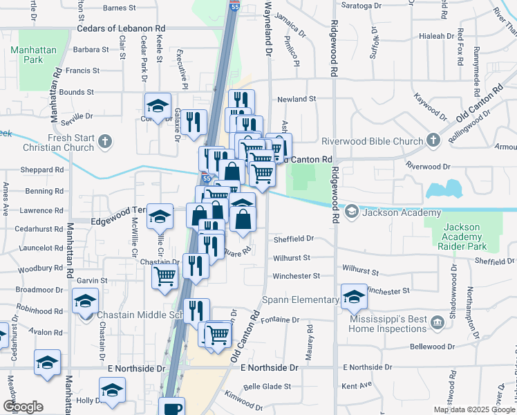 map of restaurants, bars, coffee shops, grocery stores, and more near 4911 Old Canton Road in Jackson