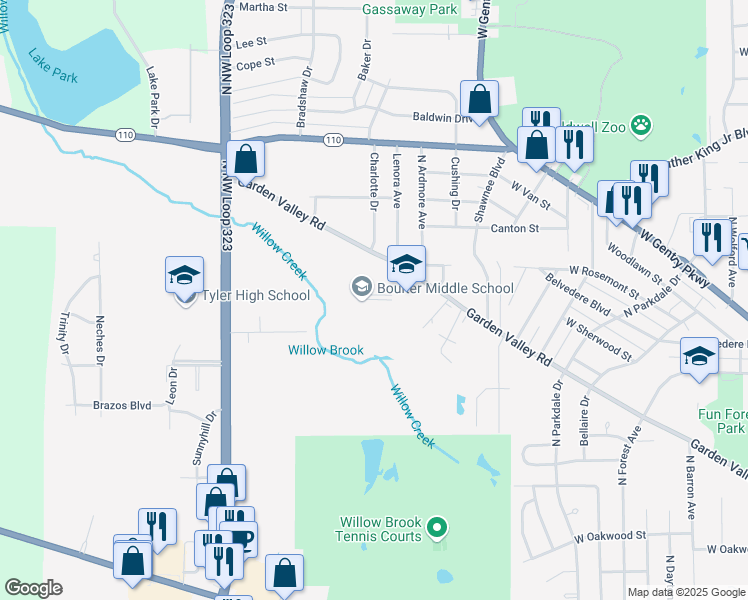 map of restaurants, bars, coffee shops, grocery stores, and more near 2926 Garden Valley Road in Tyler