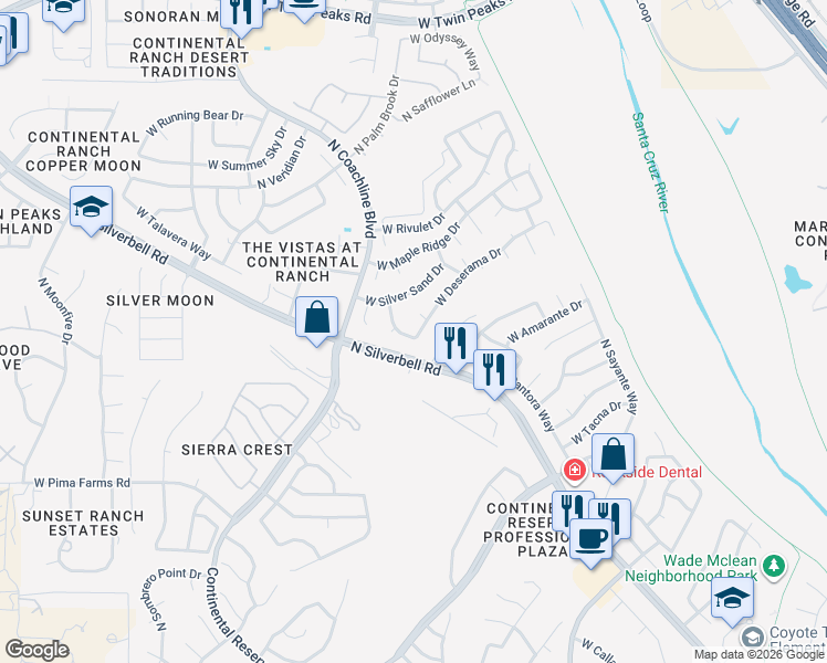 map of restaurants, bars, coffee shops, grocery stores, and more near 7273 West Deserama Drive in Tucson