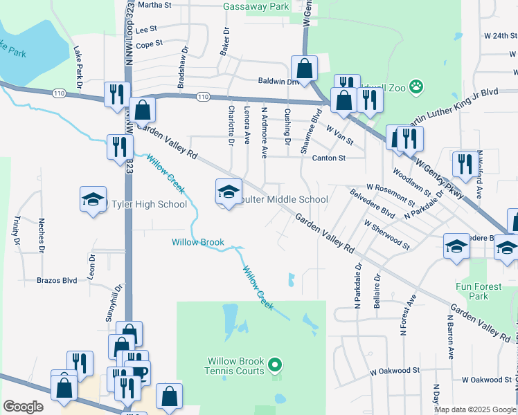 map of restaurants, bars, coffee shops, grocery stores, and more near 2926 Garden Valley Road in Tyler