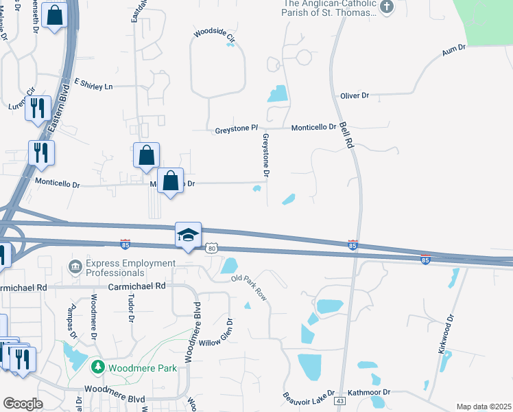 map of restaurants, bars, coffee shops, grocery stores, and more near 1100 Greystone Drive in Montgomery