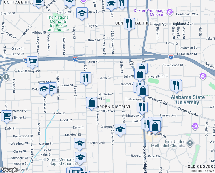 map of restaurants, bars, coffee shops, grocery stores, and more near 955 South Lawrence Street in Montgomery