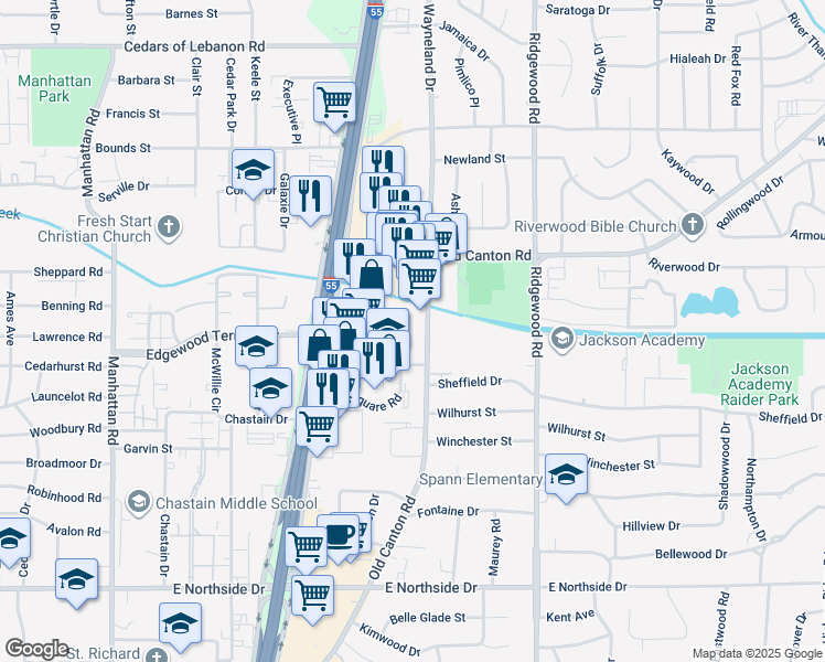 map of restaurants, bars, coffee shops, grocery stores, and more near 49 Old Canton Road in Jackson