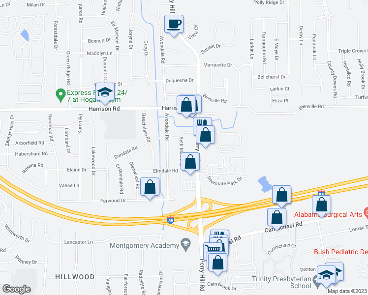 map of restaurants, bars, coffee shops, grocery stores, and more near 1119 Beth Manor Drive in Montgomery