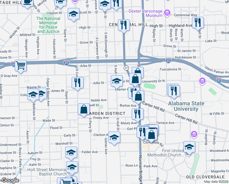 map of restaurants, bars, coffee shops, grocery stores, and more near 1020 S Hull St in Montgomery