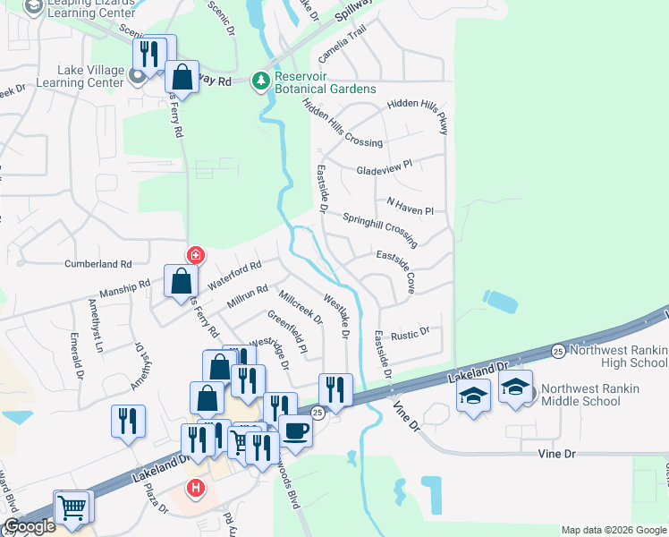 map of restaurants, bars, coffee shops, grocery stores, and more near 135 Eastside Drive in Brandon
