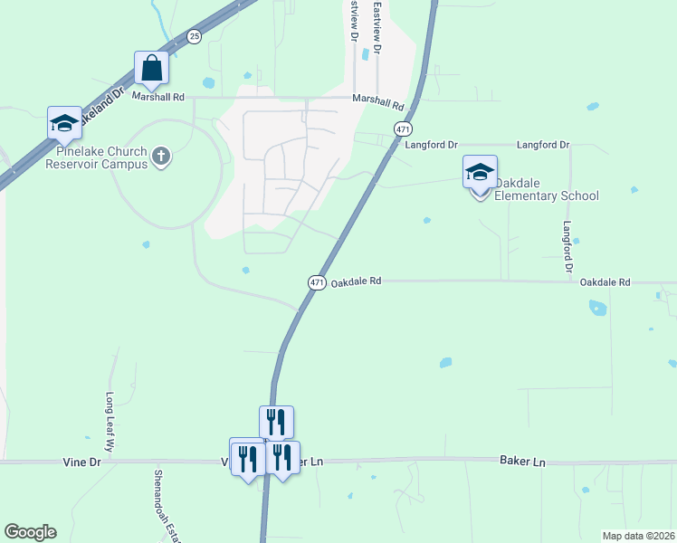 map of restaurants, bars, coffee shops, grocery stores, and more near 2024 Mississippi 471 in Brandon