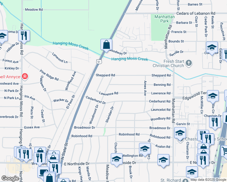 map of restaurants, bars, coffee shops, grocery stores, and more near 320 Lawrence Road in Jackson