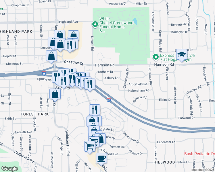 map of restaurants, bars, coffee shops, grocery stores, and more near 1104 Fairfax Court in Montgomery
