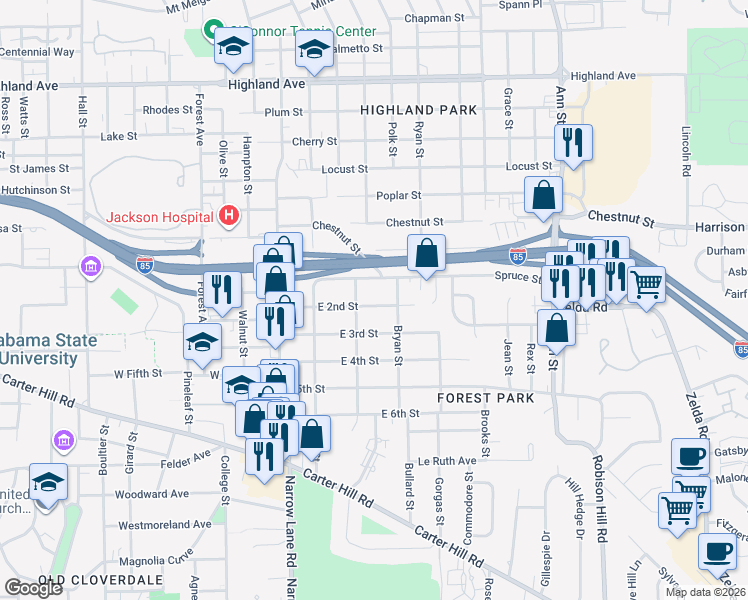 map of restaurants, bars, coffee shops, grocery stores, and more near 2226 East 2nd Street in Montgomery