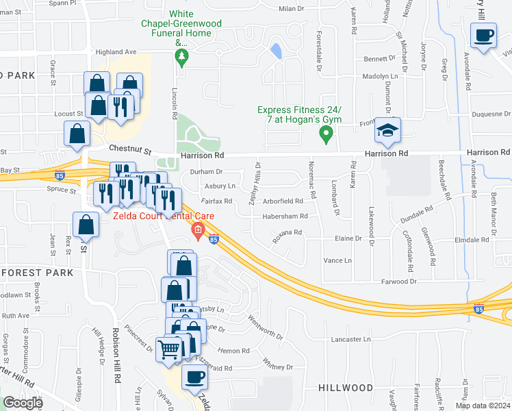 map of restaurants, bars, coffee shops, grocery stores, and more near 3300 Arborfield Road in Montgomery