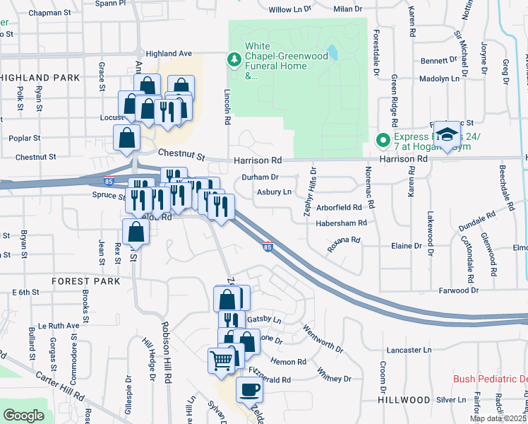 map of restaurants, bars, coffee shops, grocery stores, and more near 1104 Fairfax Court in Montgomery