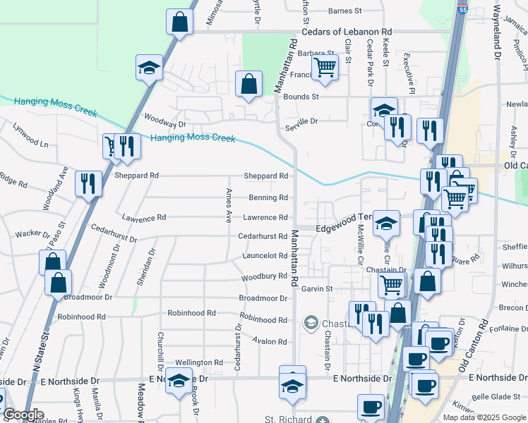 map of restaurants, bars, coffee shops, grocery stores, and more near 777 Lawrence Road in Jackson