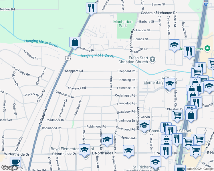 map of restaurants, bars, coffee shops, grocery stores, and more near 545 Lawrence Road in Jackson