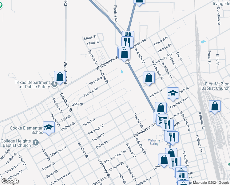 map of restaurants, bars, coffee shops, grocery stores, and more near 303 Odell Street in Cleburne