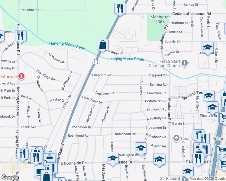 map of restaurants, bars, coffee shops, grocery stores, and more near 324 Lawrence Rd in Jackson