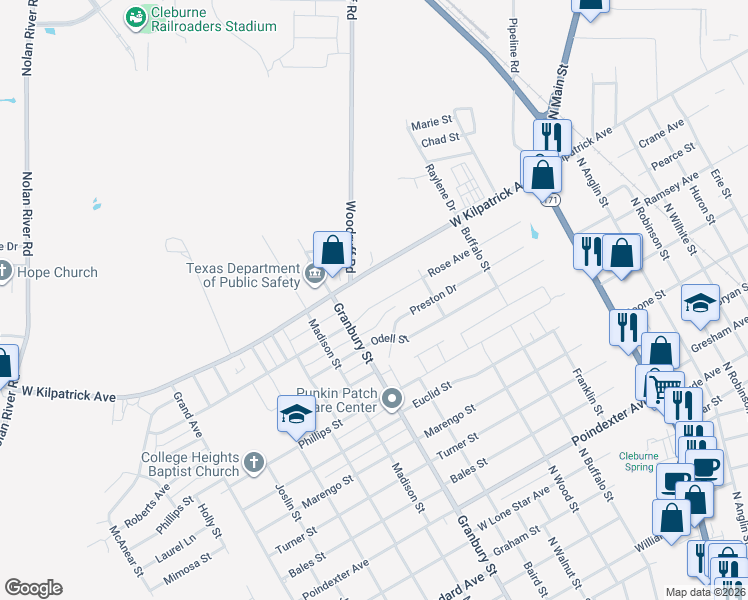 map of restaurants, bars, coffee shops, grocery stores, and more near 602 Rose Avenue in Cleburne