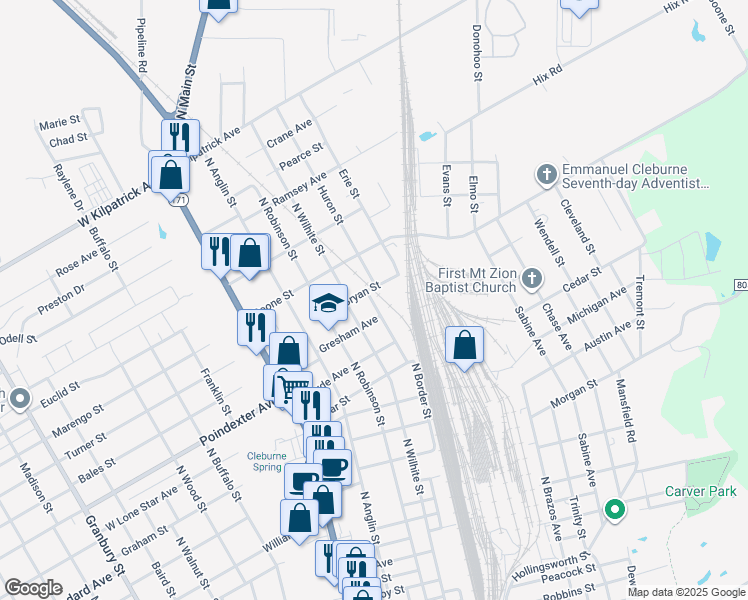 map of restaurants, bars, coffee shops, grocery stores, and more near 1105 North Border Street in Cleburne