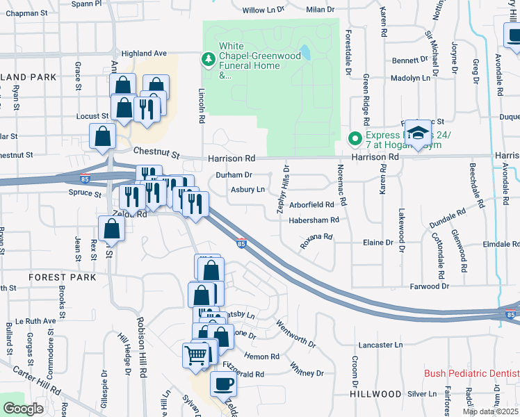 map of restaurants, bars, coffee shops, grocery stores, and more near 3254 Fairfax Road in Montgomery
