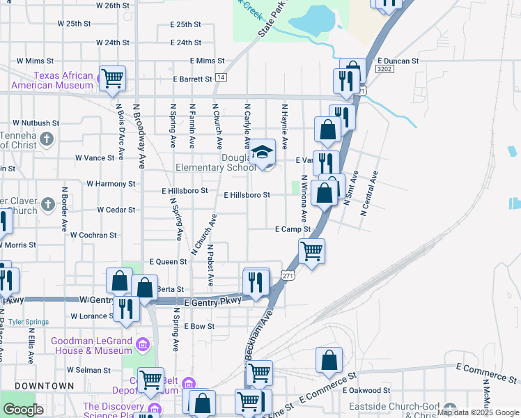 map of restaurants, bars, coffee shops, grocery stores, and more near 1331 North Carlyle Avenue in Tyler