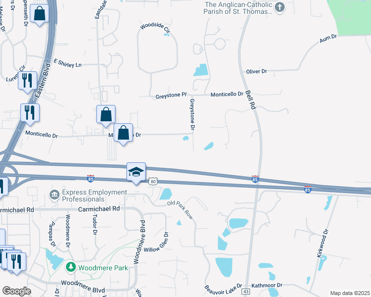 map of restaurants, bars, coffee shops, grocery stores, and more near 1100 Greystone Drive in Montgomery