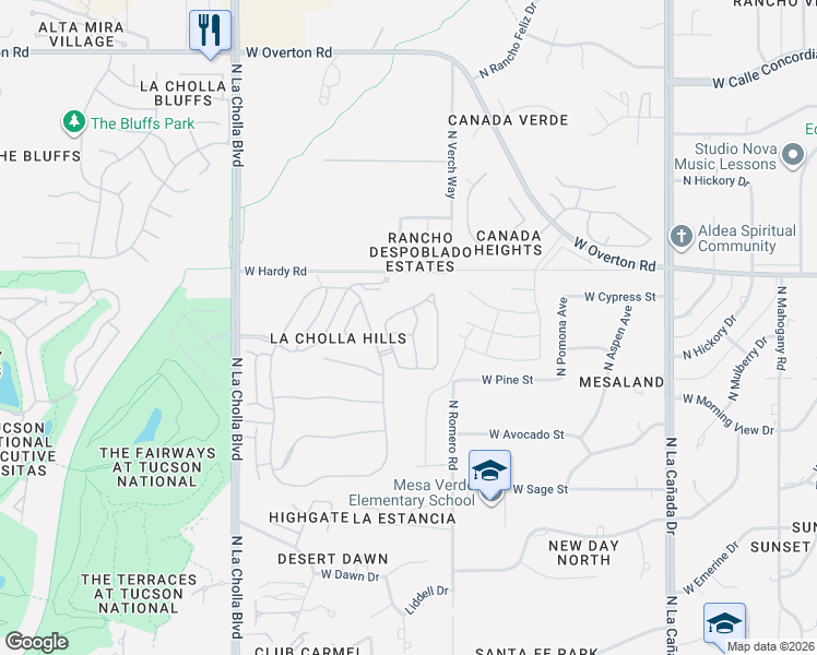 map of restaurants, bars, coffee shops, grocery stores, and more near 8679 North Little Oak Lane in Tucson