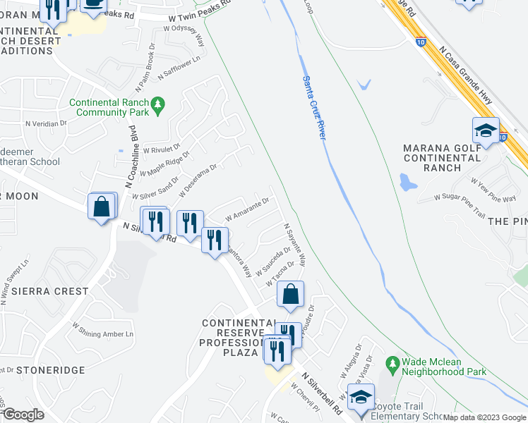 map of restaurants, bars, coffee shops, grocery stores, and more near 6992 West Avondale Place in Tucson