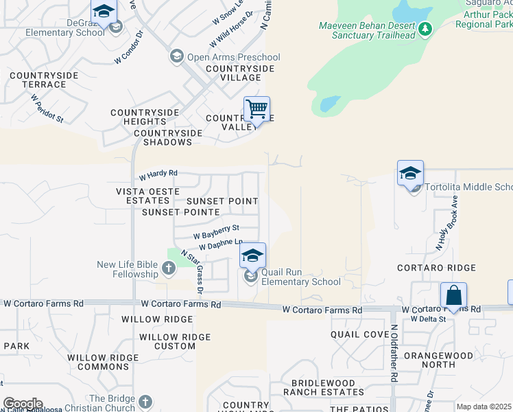 map of restaurants, bars, coffee shops, grocery stores, and more near 4648 West Bluebell Way in Tucson
