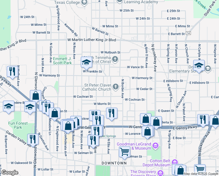 map of restaurants, bars, coffee shops, grocery stores, and more near 1406 North Tenneha Avenue in Tyler