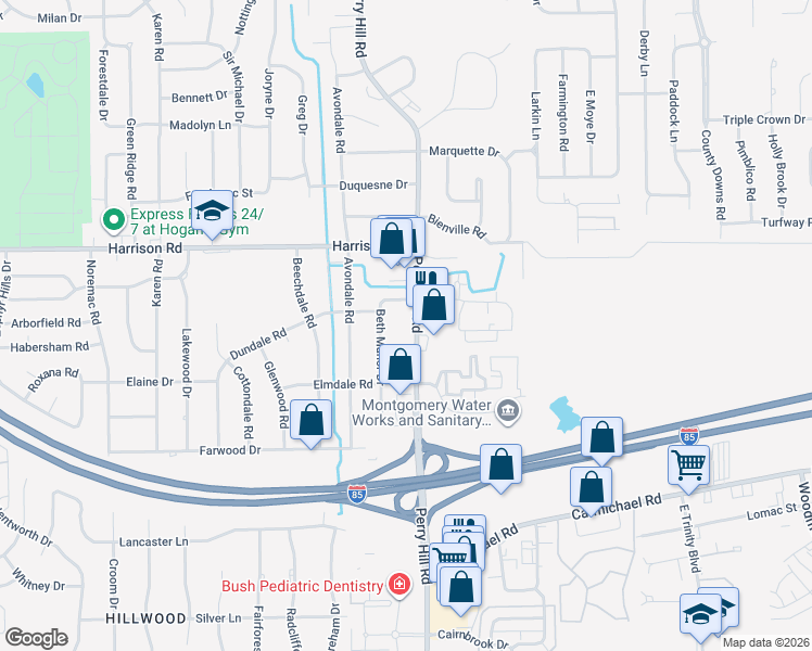 map of restaurants, bars, coffee shops, grocery stores, and more near in Montgomery