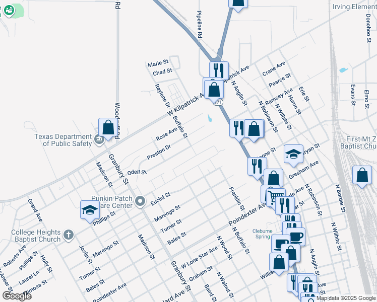 map of restaurants, bars, coffee shops, grocery stores, and more near 303 Odell Street in Cleburne