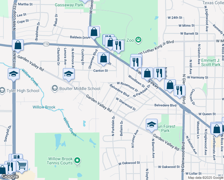 map of restaurants, bars, coffee shops, grocery stores, and more near 1419 North Hawthorne Avenue in Tyler
