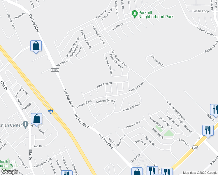 map of restaurants, bars, coffee shops, grocery stores, and more near 2071 Pinecone Way in Las Cruces