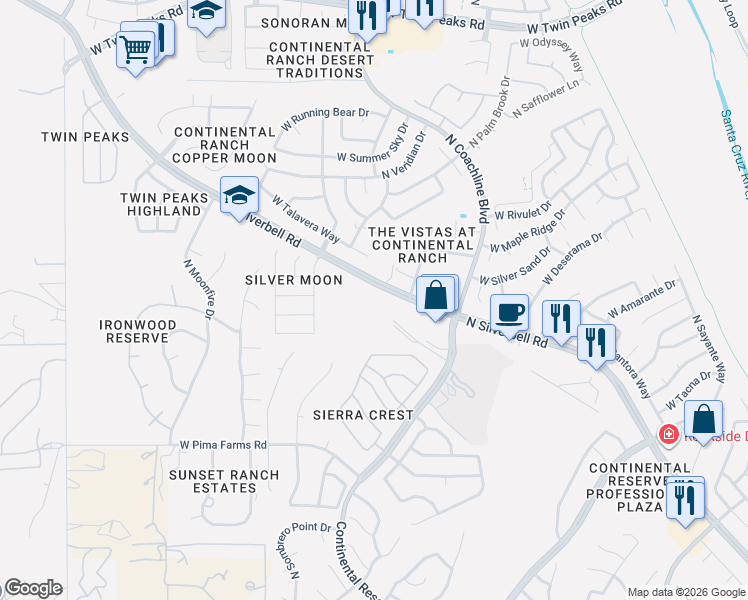 map of restaurants, bars, coffee shops, grocery stores, and more near 8695 N Silverbell Rd in Tucson