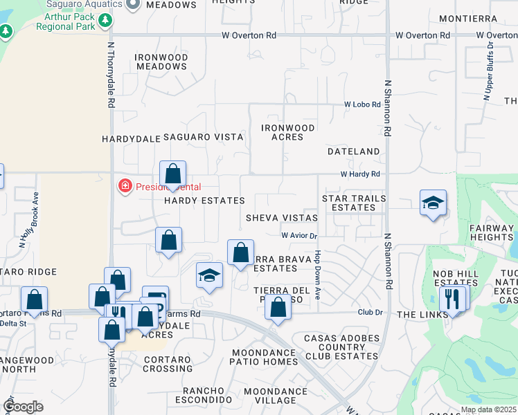 map of restaurants, bars, coffee shops, grocery stores, and more near 8674 North Frampton Place in Tucson