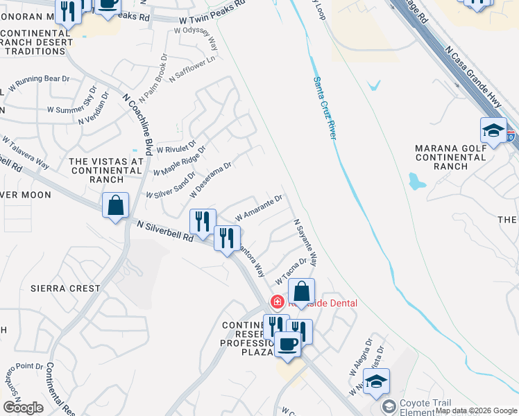 map of restaurants, bars, coffee shops, grocery stores, and more near 7251 North Covina Way in Tucson