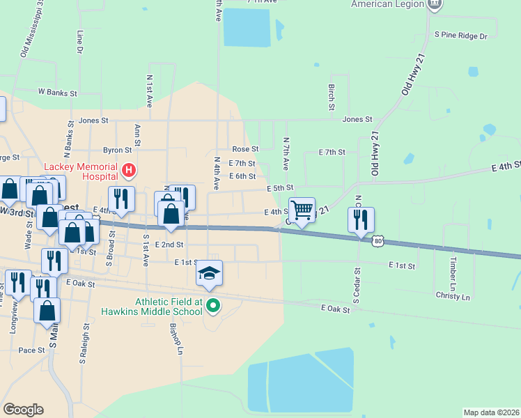 map of restaurants, bars, coffee shops, grocery stores, and more near 106 Old Highway 21 in Forest