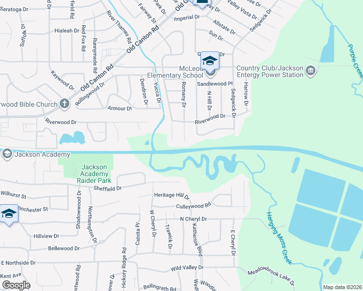 map of restaurants, bars, coffee shops, grocery stores, and more near 5010 Meadow Oaks Park Drive in Jackson