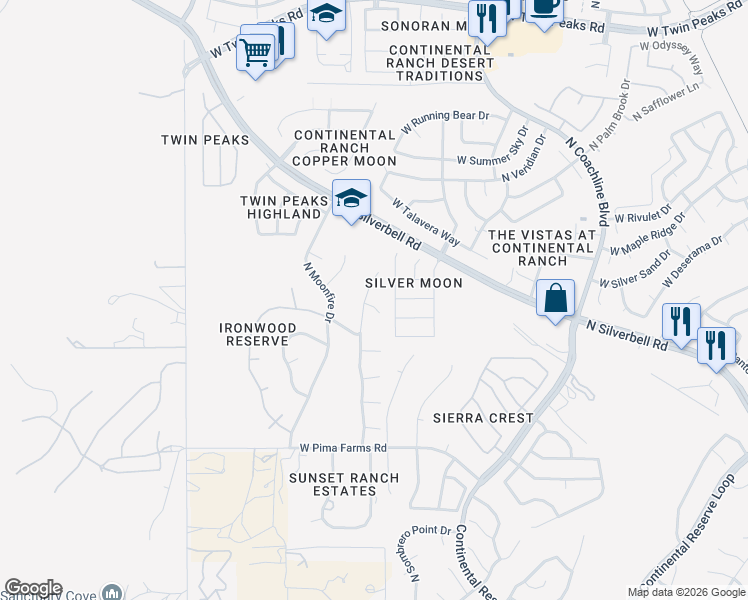 map of restaurants, bars, coffee shops, grocery stores, and more near 7826 West Sourwood Court in Tucson
