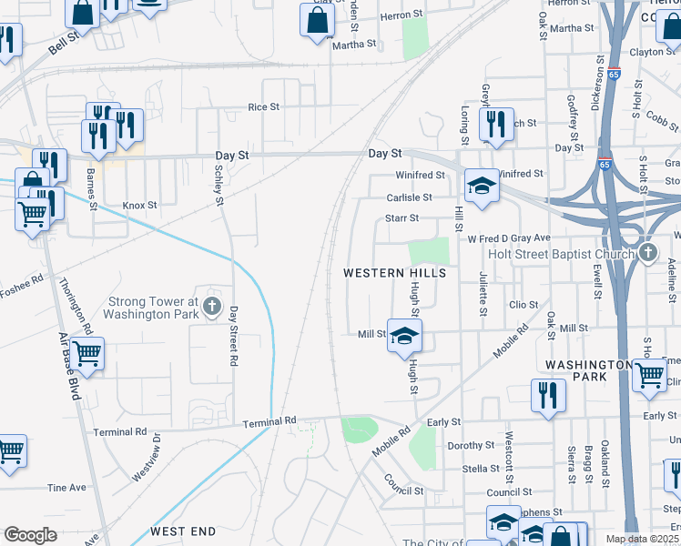 map of restaurants, bars, coffee shops, grocery stores, and more near 920 Alma Drive in Montgomery