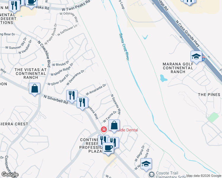 map of restaurants, bars, coffee shops, grocery stores, and more near 8652 North Sayante Way in Tucson