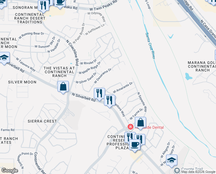 map of restaurants, bars, coffee shops, grocery stores, and more near 8634 North Kimball Way in Tucson