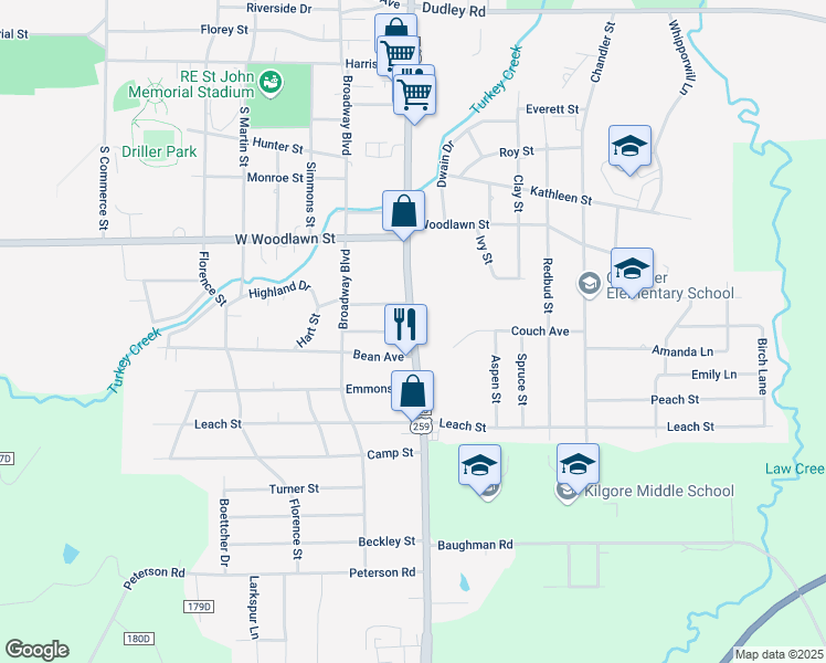 map of restaurants, bars, coffee shops, grocery stores, and more near 2600 South Henderson Boulevard in Kilgore