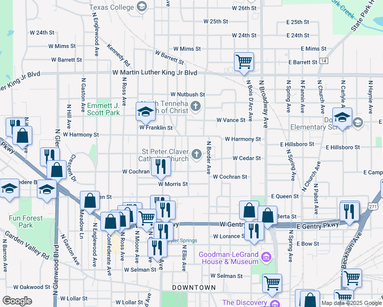 map of restaurants, bars, coffee shops, grocery stores, and more near 1406 North Tenneha Avenue in Tyler